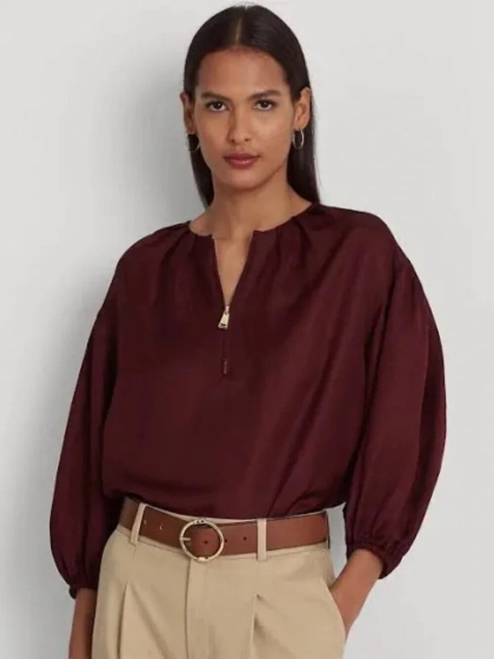 LAUREN Ralph Lauren Shantung Blouson-Sleeve Burgundy Blouse, Size L